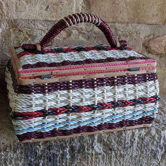 Vintage Red, Black & Turquoise Wicker and Wood Sewing Basket - Picture 7 of 16